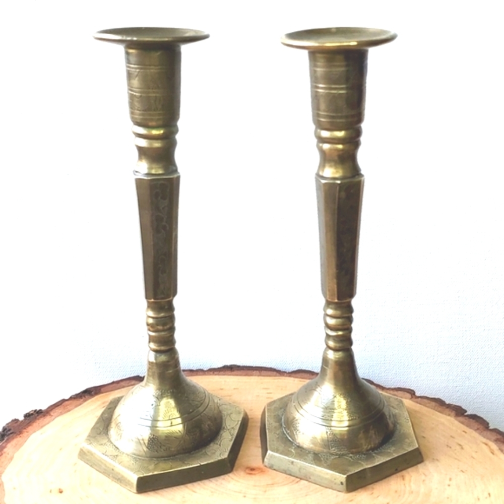Vintage Brass Mid Century Candleholders Hexagonal Base Etched Floral 9"